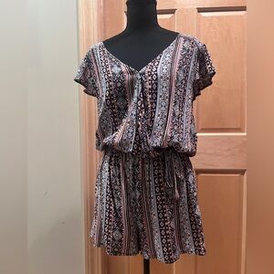 Joe Benbasset Boho-Chic Mosaic Print Wrap Top Cap Sleeve Shorts Flowy Romper XL